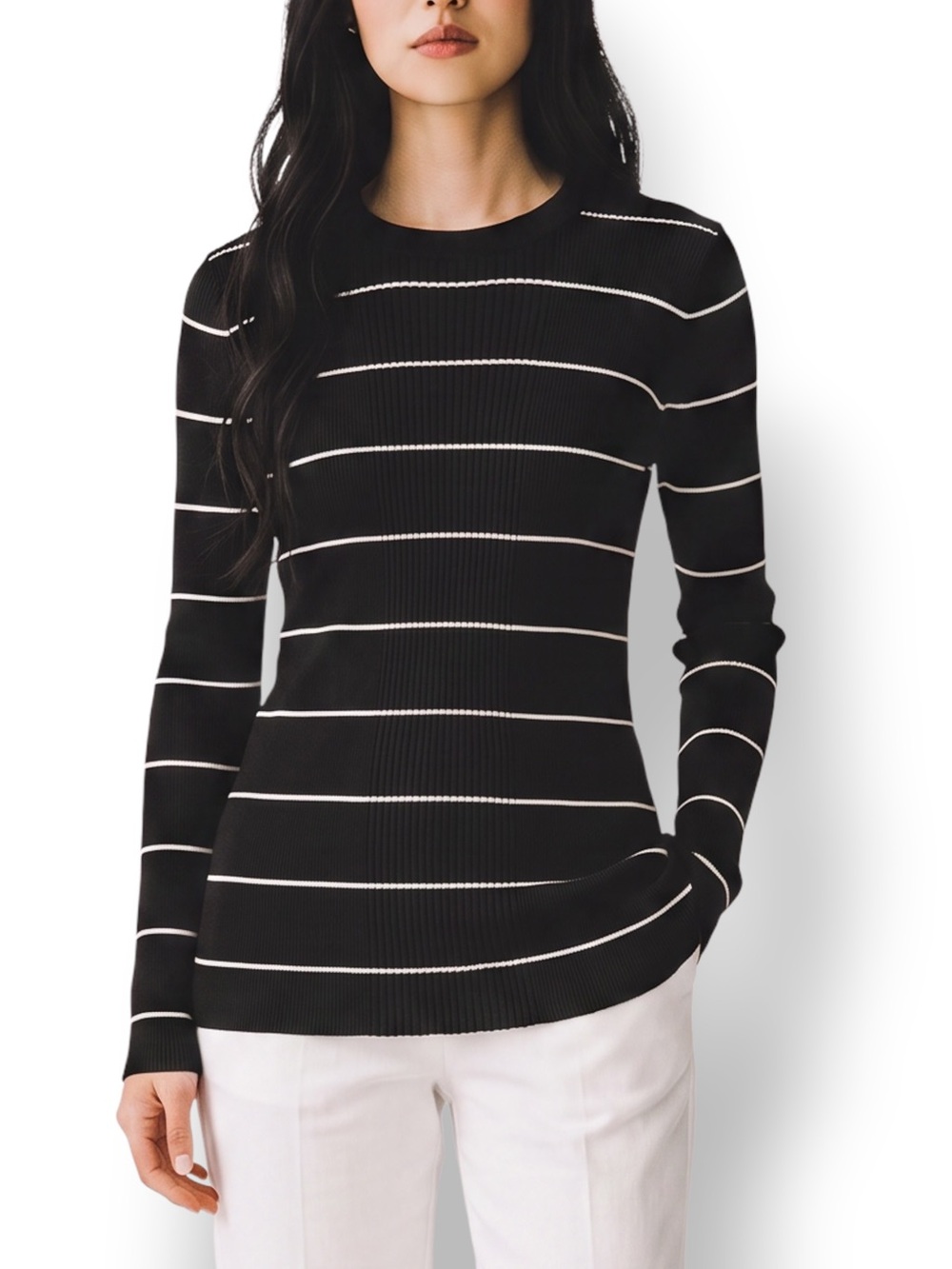 Athleta Bayside Merino Wool Black White Striped Rib Knit Crewneck Sweater Medium